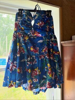 Anthropologie Blue Floral strapless dress sz L
